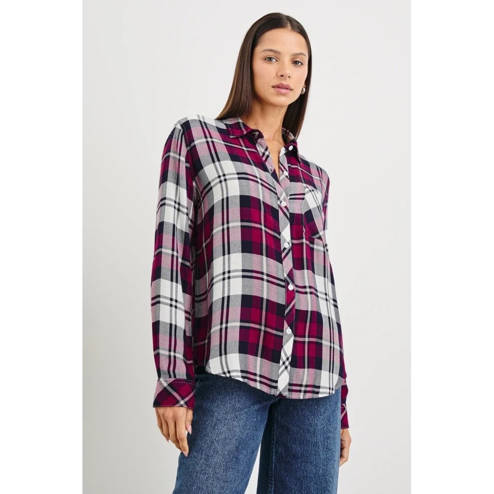 Rails Hunter Shirt Lychee Navy Women's XS Plaid Button Down Rayon Flannel‎